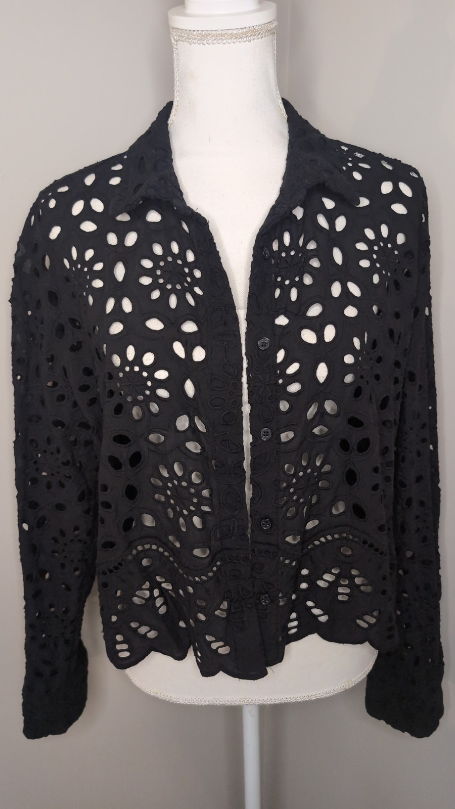 Joie Black Eyelet Embroidered Button Front Blouse Xl Boho